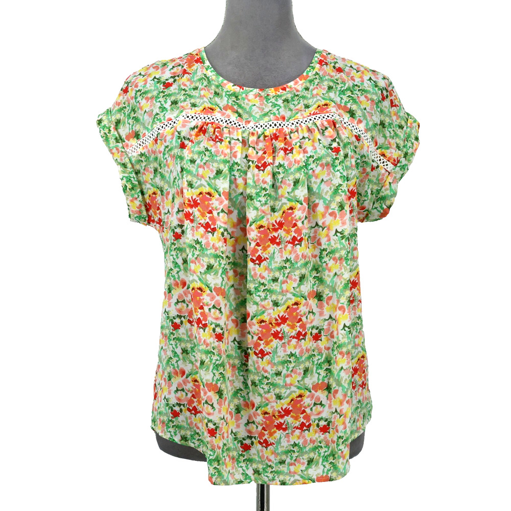Loft Top Womens Small Green Pink Floral Ditsy Stretch Knit Blouse Cottagecore